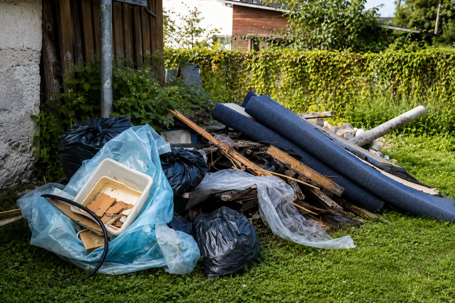 Backyard junk pile near garden fence in Dubai